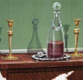 Colonial sideboard, wine decanter & brass candlesticks