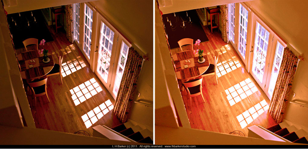 before and corrected/after Cape view,  loft view of dining area
