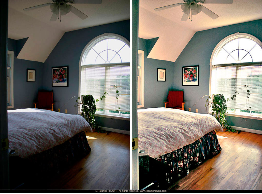 before and corrected/after Cape view,  bedroom