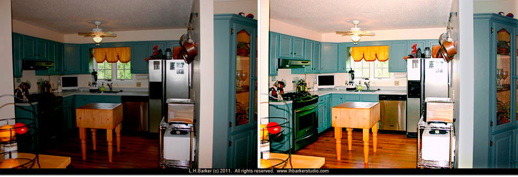 before and corrected/after Cape view,  kitchen