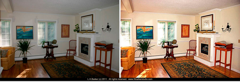 before and corrected/after Cape view,  living room