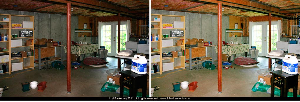 before and corrected/after Cape view, unfinished basement
