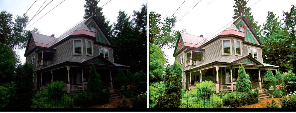 before and corrected/after Victorian house view, exterior front
